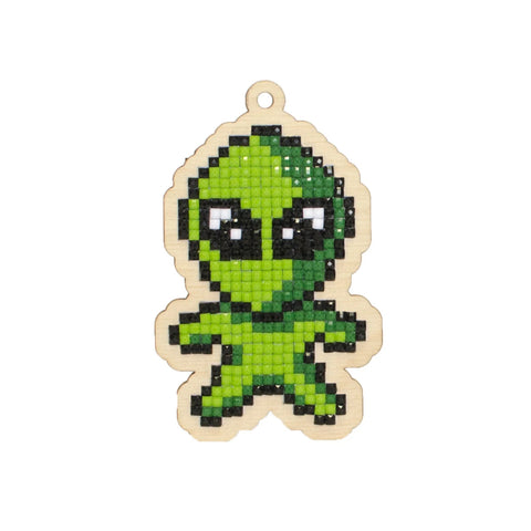 Wooden Diamond Painting Kit with Green Alien Design