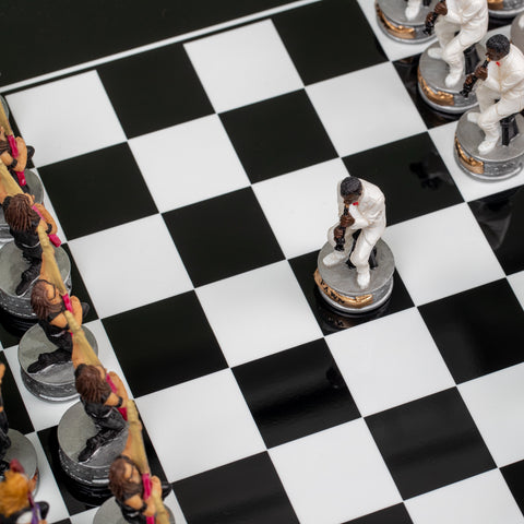 JAZZ VS ROCK: Handpainted Chess Set with Black Glossy Wooden Chessboard