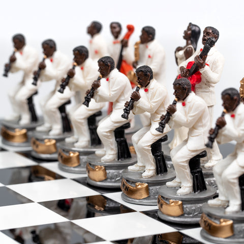 JAZZ VS ROCK: Handpainted Chess Set with Black Glossy Wooden Chessboard