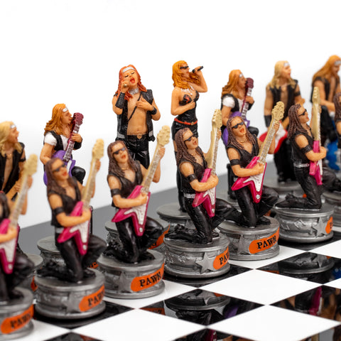 JAZZ VS ROCK: Handpainted Chess Set with Black Glossy Wooden Chessboard