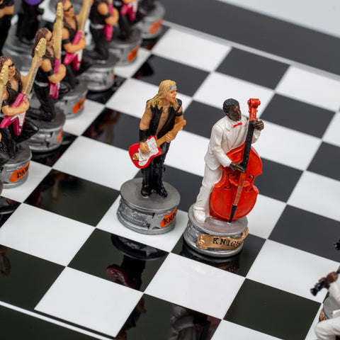 JAZZ VS ROCK: Handpainted Chess Set with Black Glossy Wooden Chessboard