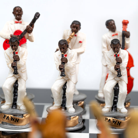 JAZZ VS ROCK: Handpainted Chess Set with Black Glossy Wooden Chessboard