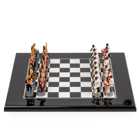 JAZZ VS ROCK: Handpainted Chess Set with Black Glossy Wooden Chessboard