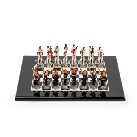 JAZZ VS ROCK: Handpainted Chess Set with Black Glossy Wooden Chessboard