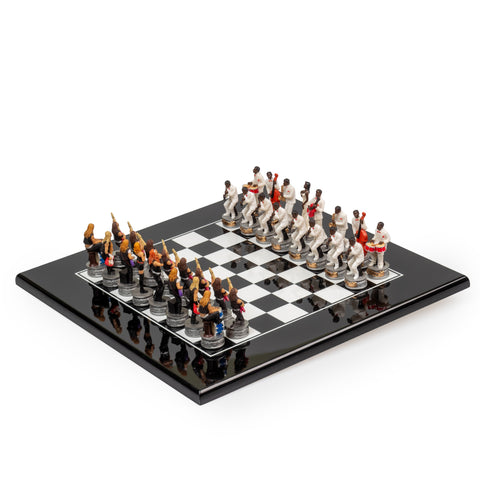 JAZZ VS ROCK: Handpainted Chess Set with Black Glossy Wooden Chessboard