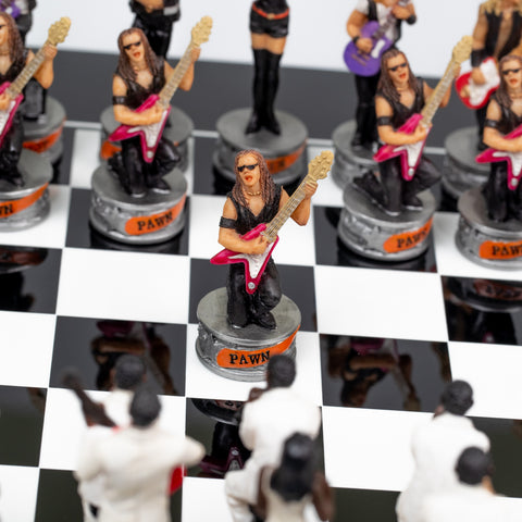 JAZZ VS ROCK: Handpainted Chess Set with Black Glossy Wooden Chessboard