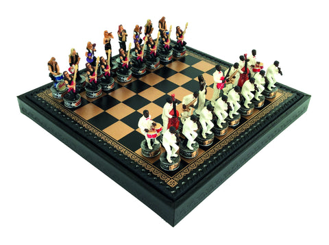 JAZZ VS ROCK: Handpainted Chess Set with Leatherette Chessboard & Box + Checker