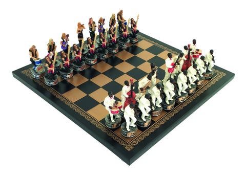 JAZZ VS ROCK: Handpainted Chess Set with Quality Leatherette Chessboard