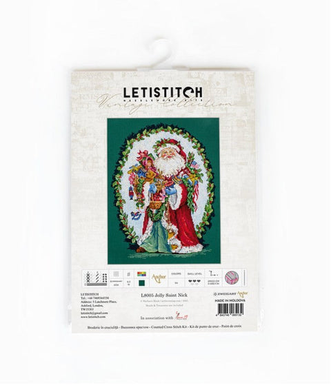 Jolly Saint Nick Cross Stitch Kit, LetiStitch Christmas Santa Design, 29 x 22 cm, 54 Colors, Beads and Gold Stars Included