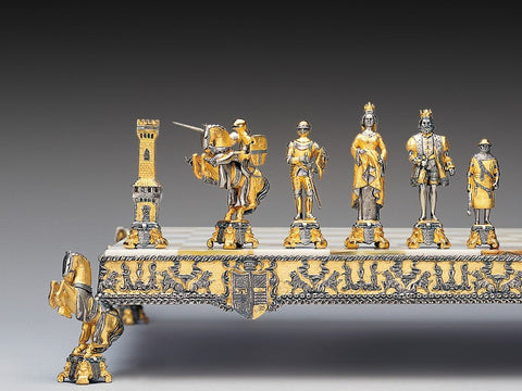 King Arthur 24K Gold-Plated Bronze Chess Set, Onyx Board, Handmade in Italy