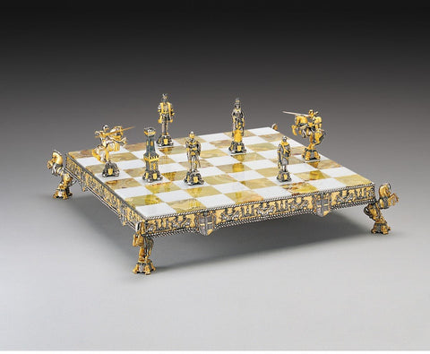 King Arthur 24K Gold-Plated Bronze Chess Set, Onyx Board, Handmade in Italy