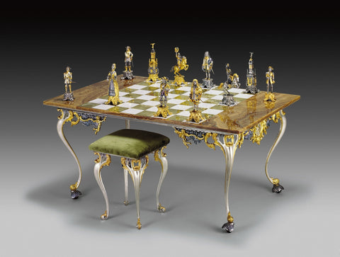 Handmade 24K Gold-Plated Bronze Chess Set, Onyx Table & Chairs, Italy