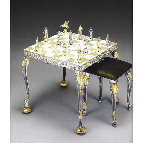 24K Gold Plated Bronze Chess Set, Handmade in Italy, Onyx Table & Chairs