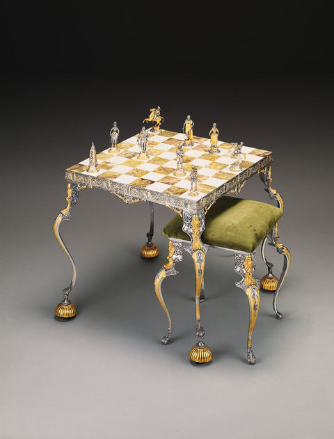 Handmade 24K Gold-Plated Bronze Chess Set with Onyx Table & Chairs, Italy
