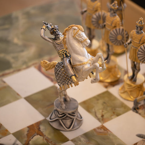 Luxury Handmade 24K Gold Bronze Chess Set with Onyx Table & Chairs Italy