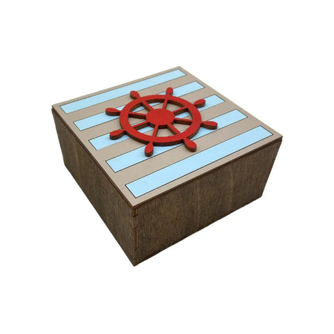 Wooden Storage Box with Nautical Wheel Motif, Kind Fox by Wizardi, 10.2 × 10.2 × 5.5 cm, Jewelry Holder