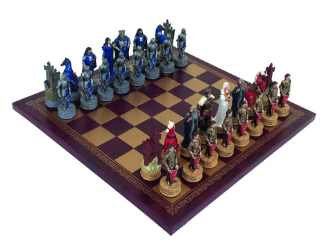 KING ARTHUR: Handpainted Chess Set with Leatherlike Chess Board