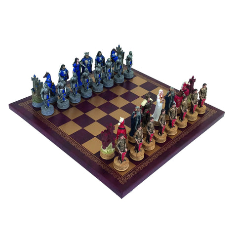 KING ARTHUR: Handpainted Chess Set with Leatherlike Chess Board
