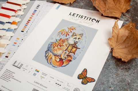 LetiStitch Kitsune Cross Stitch Embroidery Kit, 15 x 23 cm, Zweigart Aida 16ct, Anchor Cotton Threads and Beads