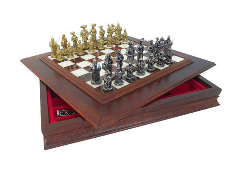 LANZICHENECCHI SET: Metal Chess Men Set with Wooden Alabaster Gameboard