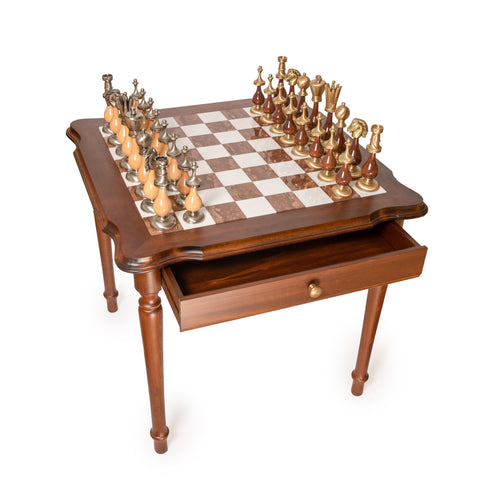 LARGE Beautiful Wood Alabaster Chess Table. Without Chess Pieces