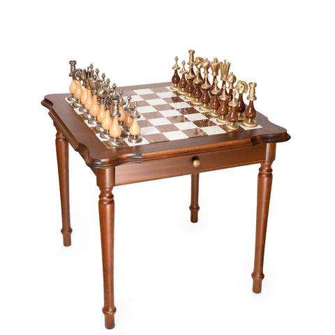 LARGE Beautiful Wood Alabaster Chess Table. Without Chess Pieces