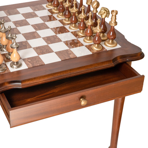 LARGE Beautiful Wood Alabaster Chess Table. Without Chess Pieces