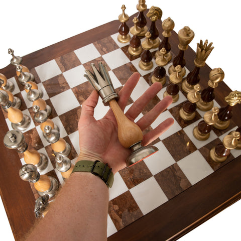 LARGE Solid Brass/Wood Chess Set with Beautiful Wood Alabaster Chess Table