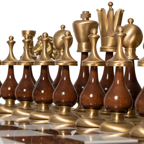 LARGE Solid Brass/Wood Chess Set with Beautiful Wood Alabaster Chess Table