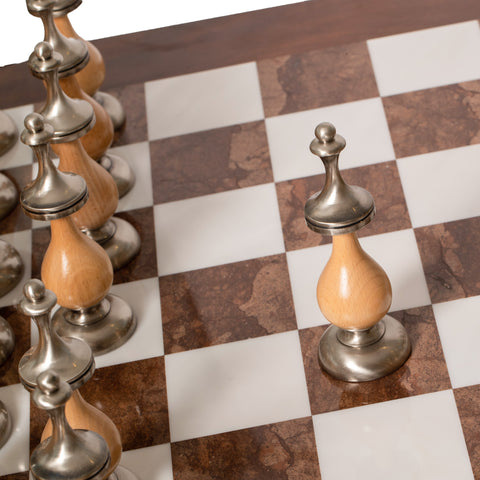 LARGE Solid Brass/Wood Chess Set with Beautiful Wood Alabaster Chess Table