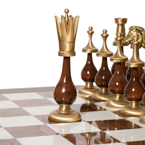 LARGE Solid Brass/Wood Chess Set with Beautiful Wood Alabaster Chess Table