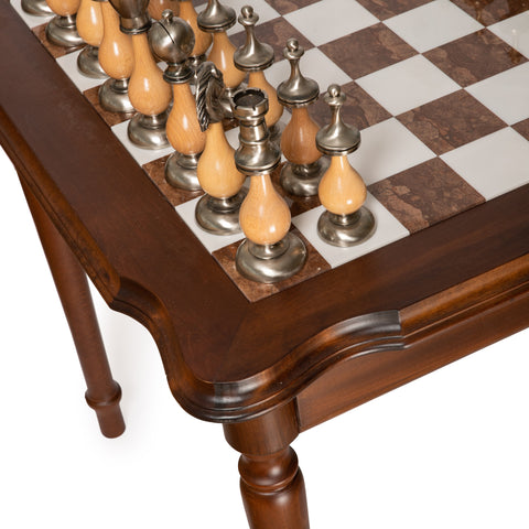 LARGE Solid Brass/Wood Chess Set with Beautiful Wood Alabaster Chess Table