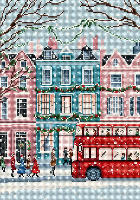 London Snowfall Cross Stitch Kit, 19 x 27 cm, LetiStitch, Zweigart Aida 16ct, Luca-S Cotton Threads