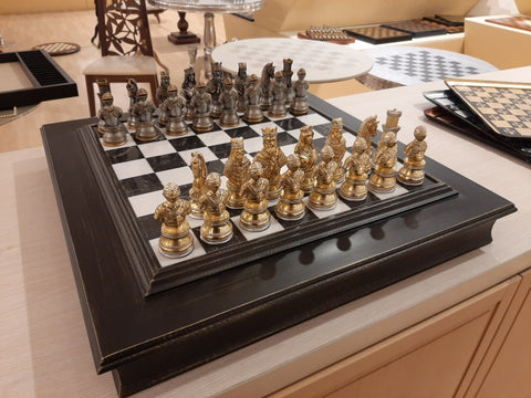 Luxurious Chess Pieces from Solid Pewter and Wooden Chessboard with Marble Top