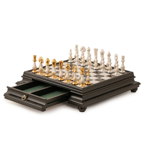 Luxurious Gold/Silver plated Chess with Marble & Black Wooden Board