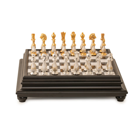 Luxurious Gold/Silver plated Chess with Marble & Black Wooden Board