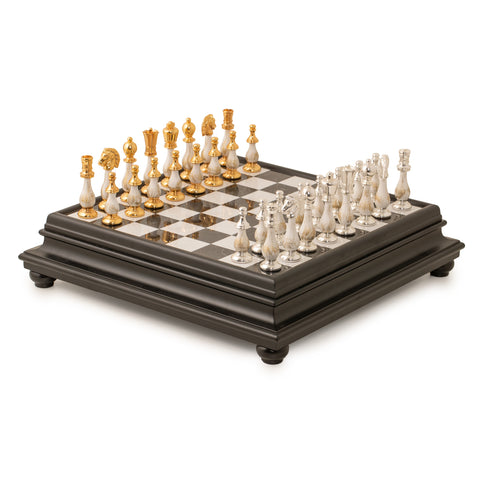 Luxurious Gold/Silver plated Chess with Marble & Black Wooden Board