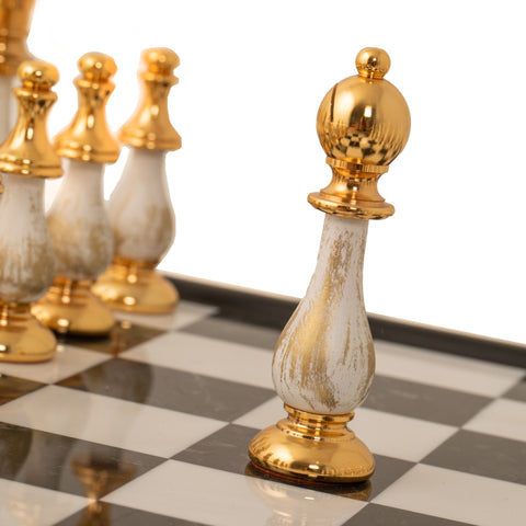 Luxurious Gold/Silver plated Chess with Marble & Black Wooden Board