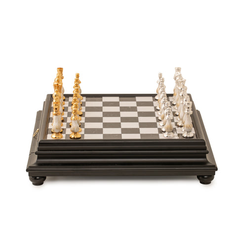 Luxurious Gold/Silver plated Chess with Marble & Black Wooden Board