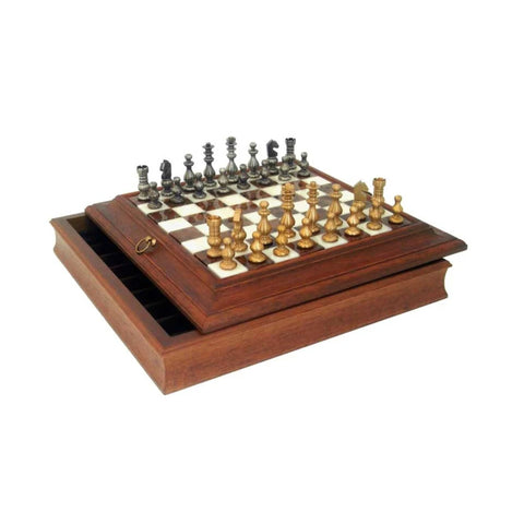 Luxury Solid Brass Chess Set with Briar Wood-Alabaster Chess Board