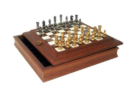 Luxury Solid Brass Chess Set with Briar Wood-Alabaster Chess Board