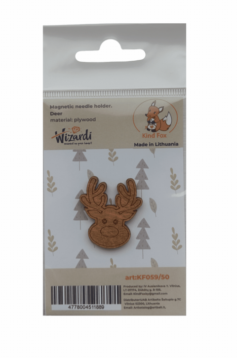 Magnetic Sewing Needle Holder, Deer Design, Natural Plywood, 3 x 3 cm, Kind Fox by Wizardi, Embroidery Craft Tool