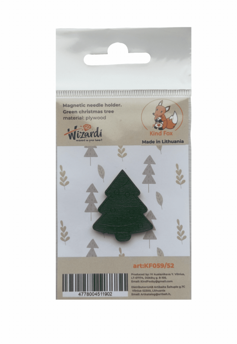 Magnetic Needle Minder, Green Christmas Tree Embroidery Accessory, Plywood, 3 x 3.5 cm, Kind Fox by Wizardi