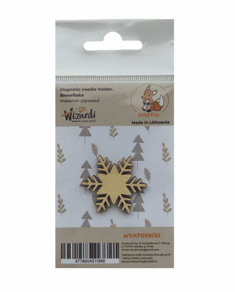 Snowflake Magnetic Needle Minder for Embroidery and Crafts, Kind Fox by Wizardi, Natural Plywood, 3 × 3.5 cm