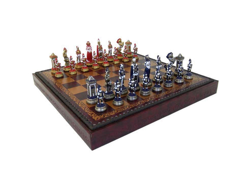 MARY STUART II: Metal Chess Set with Leatherette Chessboard + Checker Set