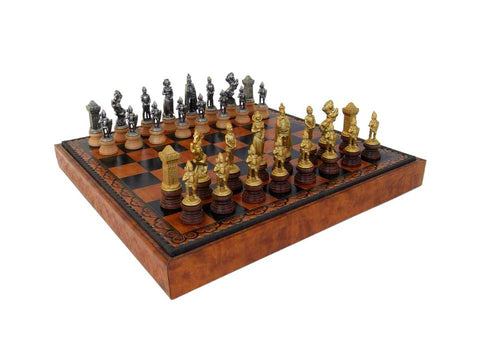 MARY STUART III: Metal Chess Set with Leatherette Chessboard + Checker Set