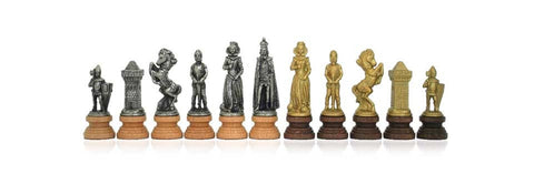 MARY STUART III: Metal Chess Set with Leatherette Chessboard + Checker Set