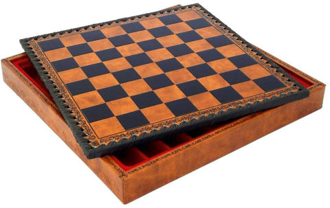 MARY STUART III: Metal Chess Set with Leatherette Chessboard + Checker Set