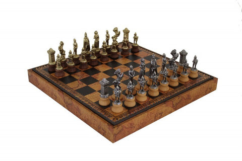 MARY STUART SET: Metal/Wood Chess Pieces with Leatherette Chessboard