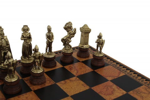 MARY STUART SET: Metal/Wood Chess Pieces with Leatherette Chessboard